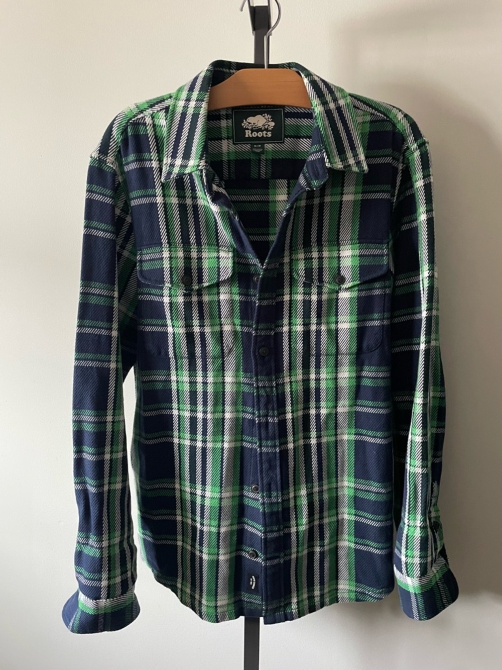 Roots Heavyweight 100% Cotton Flannel Button Down Shirt Plaid Green Mens Medium